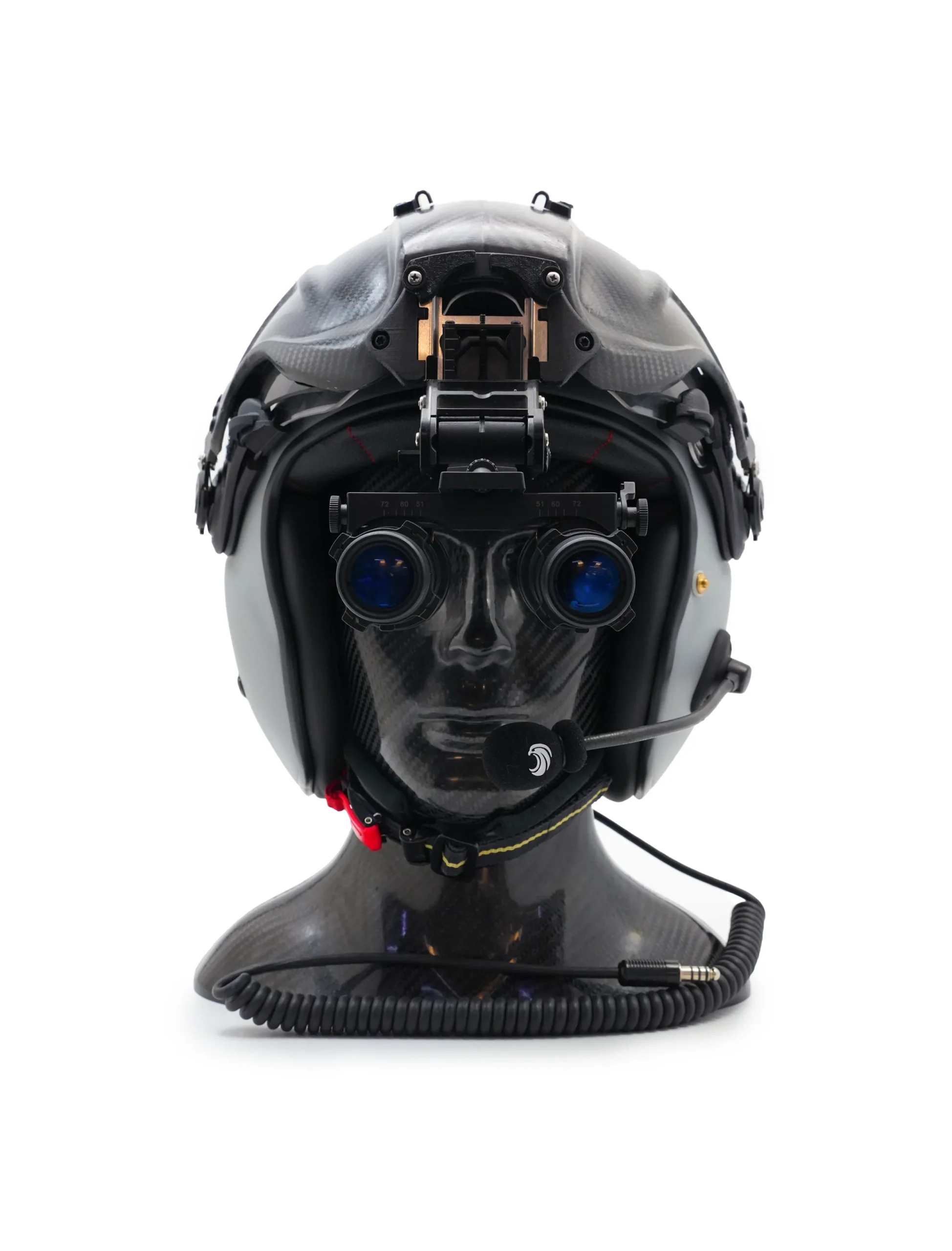 helicopter-helmet-rt-nvg-mount-front HORUS HH-77/RT helicopter flight helmet, front view with dual-tube night vision goggles lowered on the NVG mount
