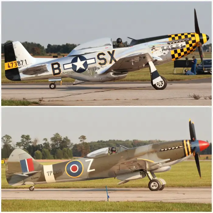 Catham-Kent's finest music instruments #p51 and #spitfire Taxing out and back into the hot ramp at CYXU for their flypasts at Airshow London 2024
